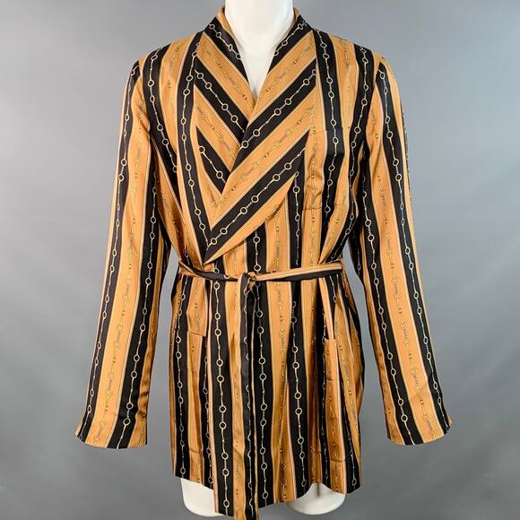 GUCCI 2019 Size 40 Black Brown Gold Chain Silk Dressing Gown Robe Coat - Picture 1 of 10